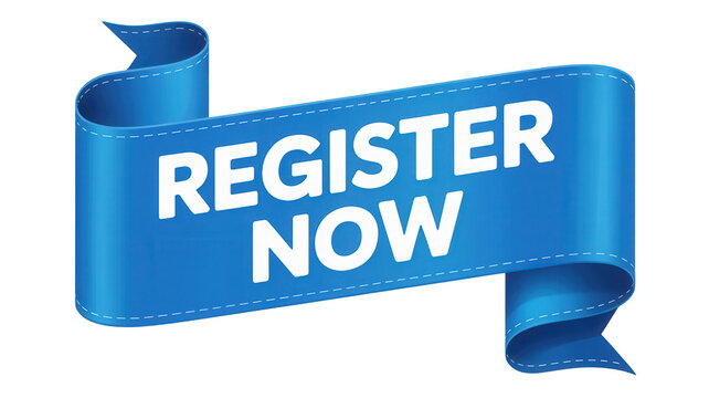 Blue ribbon banner with white text register now isolated on transparent background