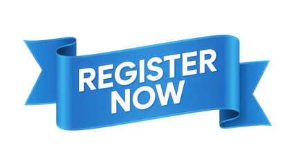 Bold blue ribbon banner with white text saying register now isolated on transparent background