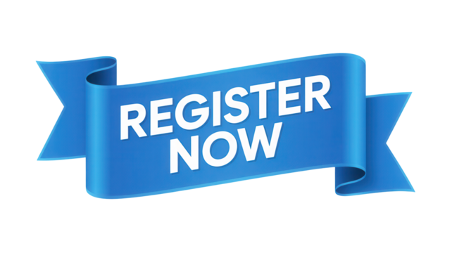 Bold blue ribbon banner with white text saying register now isolated on transparent background