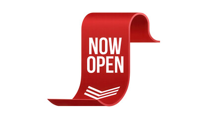 Bold red ribbon banner with white text announcing now open and an arrow isolated on transparent background