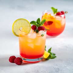 Refreshing summer cocktails with raspberries mint lime and ice on a light surface