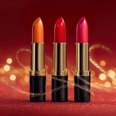Three elegant lipsticks standing upright against a rich red background with glowing bokeh effects.