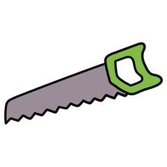 Hand-drawn cartoon saw with green handle on a white background.