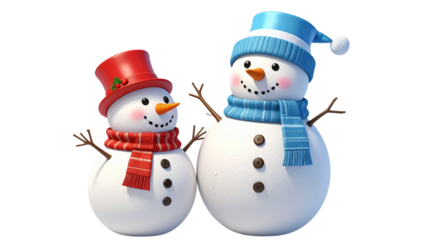 A cheerful snowman couple, one in a red hat and scarf, the other in a blue hat and scarf, standing together in a snowy scene.