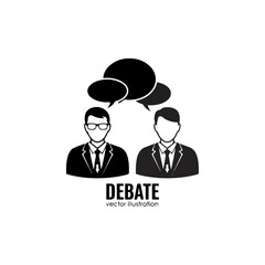 Two businessmen in suits in a debate with speech bubbles above them representing communication and discussion
