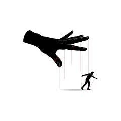 Black Silhouette Hand Controlling Marionette Puppet Figure on Strings With Red Accents Symbolizing Control Manipulation and Influence