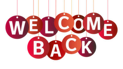 Colorful oval tags spelling welcome back message hanging isolated on transparent background