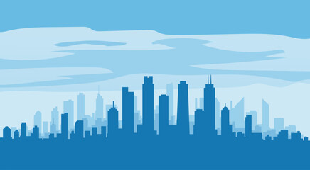 Urban panorama Silhouette of a modern city skyline in blue tones, featuring various skyscrapers and buildings against a cloudy sky, creating a serene urban landscape. Flat style vector illustration. © konok3001