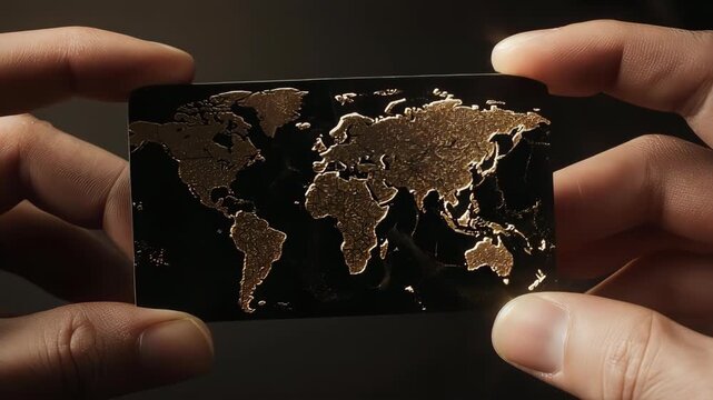 Close-up of hands holding a card with a gold world map. Dark background, detail