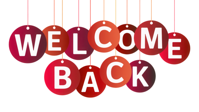 Colorful oval tags spelling welcome back message hanging isolated on transparent background