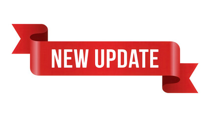 Red ribbon banner with white text announcing new update isolated on transparent background