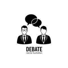 Two businessmen in suits engaged in a debate with speech bubbles illustrating conversation and exchange of ideas