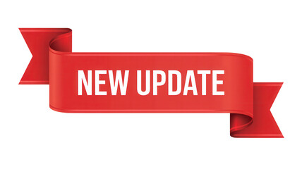 Bright red ribbon banner announcing new update isolated on transparent background