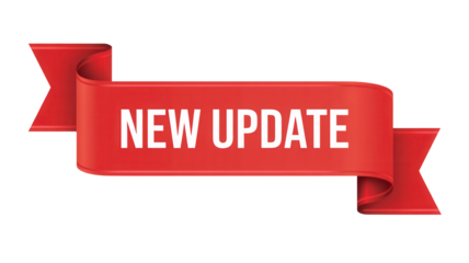 Bright red ribbon banner announcing new update isolated on transparent background