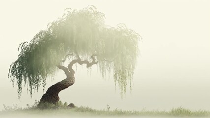 A solitary willow tree stands against a backdrop of soft light and swirling mist