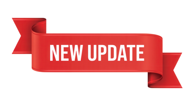 Bright red ribbon banner announcing new update isolated on transparent background