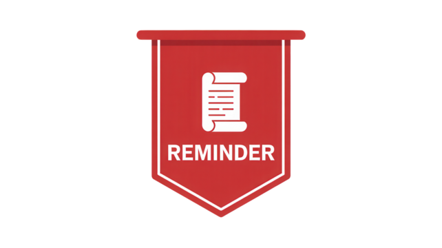 Red banner with white reminder icon and text isolated on transparent background