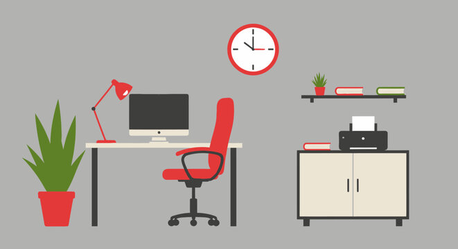Modern office workplace illustration with computer desk red chair and organizational shelf