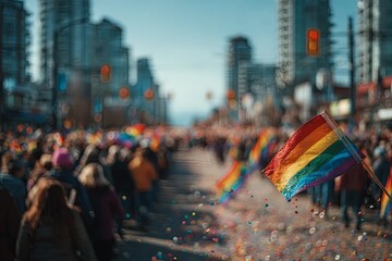 Obraz premium Pride Parade on City Street with Rainbow Flags, Confetti, and Colorful Crowd Surrounded by Tall Buildings