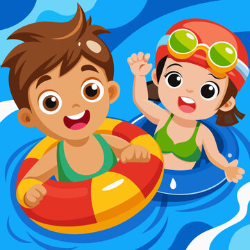 Two smiling kids playing in the pool with colorful floaties