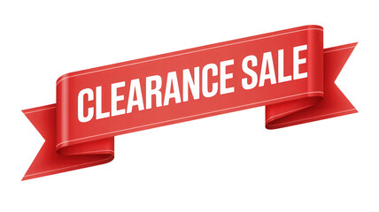 Red ribbon banner with white text announcing clearance sale isolated on transparent background