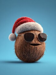 festive coconut wearing sunglasses and santa hat against minimal