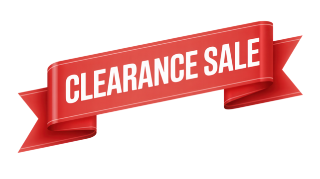 Red ribbon banner with white text announcing clearance sale isolated on transparent background