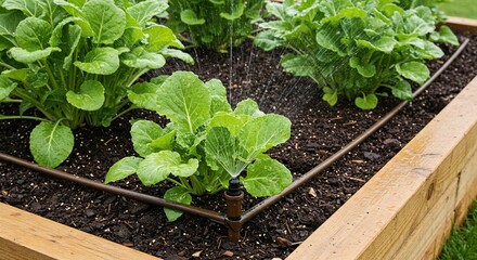 Fresh green lettuce growing in raised garden bed with irrigation system  