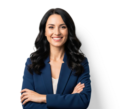 A confident businesswoman in a blue blazer with her arms crossed, standing against a white background.