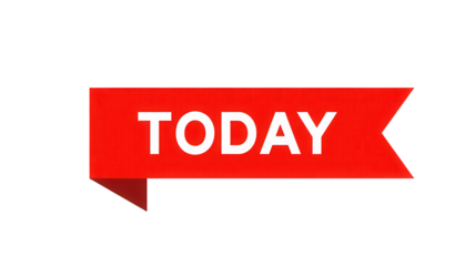 Bold red ribbon banner with the word today in white text isolated on transparent background