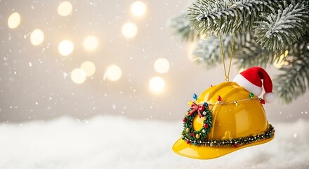 Yellow construction helmet decorated for Christmas hanging on tree  