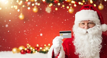 Santa Claus smiling and holding a credit card in festive setting  
