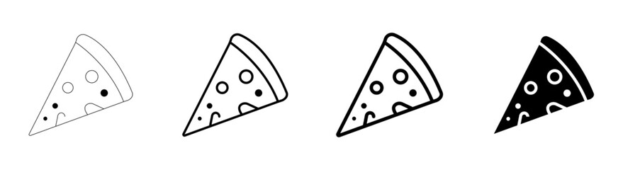 Set of diverse pizza slice vector icons, featuring a variety of outline styles and a solid black silhouette, perfect for menus, apps, and fast food restaurant designs