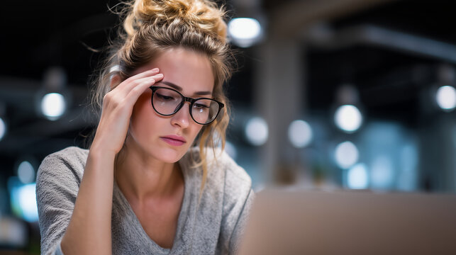 Young woman in sweater showing signs of stress while working on laptop in cozy indoor setting during evening hours Generative AI - Powered by Adobe