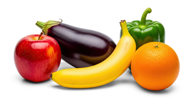 A variety of fruits and vegetables including an apple, banana, and bell pepper.