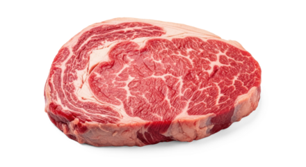 A raw ribeye steak on a white background.