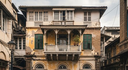 Exploring historic architecture: old building facade with peeling paint and balconies