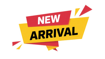 Bold red and yellow new arrival sale banner with geometric accents isolated on transparent background