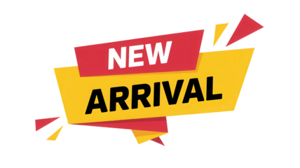 Bold red and yellow new arrival sale banner with geometric accents isolated on transparent background