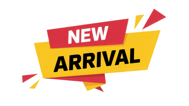 Bold red and yellow new arrival sale banner with geometric accents isolated on transparent background