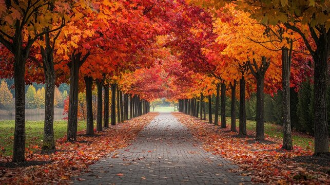 A picturesque autumnal path lined with vibrant orange and red maple trees, leading to a tranquil green field with a distant view of a forested hillside.