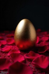 Golden Gleam An Elegant Golden Easter Egg Resting on a Bed of Crushed Velvet and Soft Petals A single, highly polished, metallic gold Easter egg with subtle etched patterns, resting regally on a
