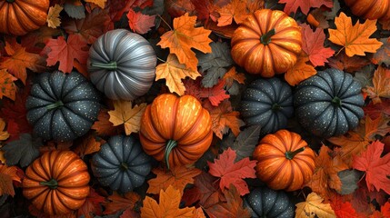 Fototapeta premium A colorful autumnal scene with pumpkins and leaves.