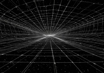 A futuristic, abstract perspective, showcasing a 3D grid against a stark black backdrop