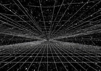 Abstract perspective showcasing a network of interconnected lines in white against a black background with star-like flecks