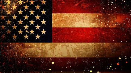 A grungy, textured American flag with a red, white, and blue color scheme, featuring a star pattern and a starburst design on the right side.