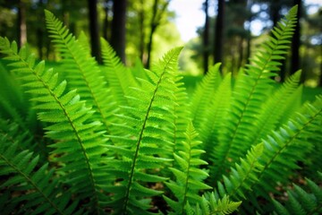 Sun Drenched Fern Fronds Unfurling in a Lush Forest Canopy Sunlight streams through a forest canopy, creating dappled light and shadow patterns. In focus are vibrant green fern fronds in various