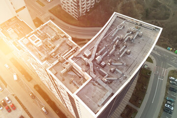 Aerial perspective high-rise building roof infrastructure