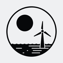 Silhouette Wind turbine and sun near ocean shoreline Vector illustration