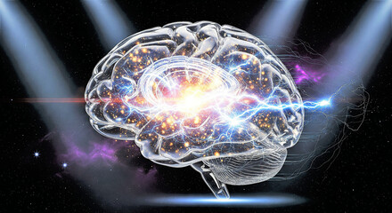conceptual human brain  dynamic and high-energy representation of thought, innovation, and cosmic intelligence. , Synaptic Cosmos Ignition